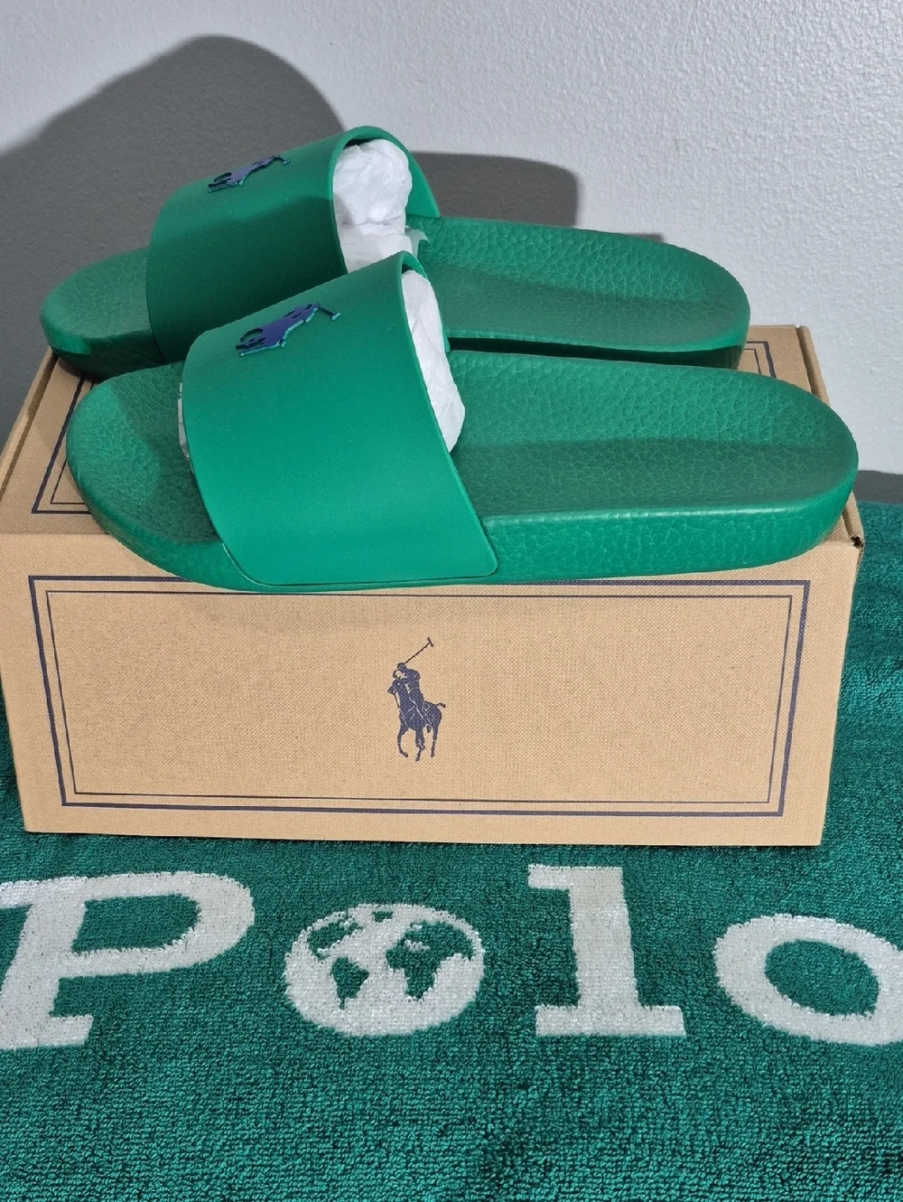 Polo by Ralph Lauren Green Slide Sandals with Blue Logo